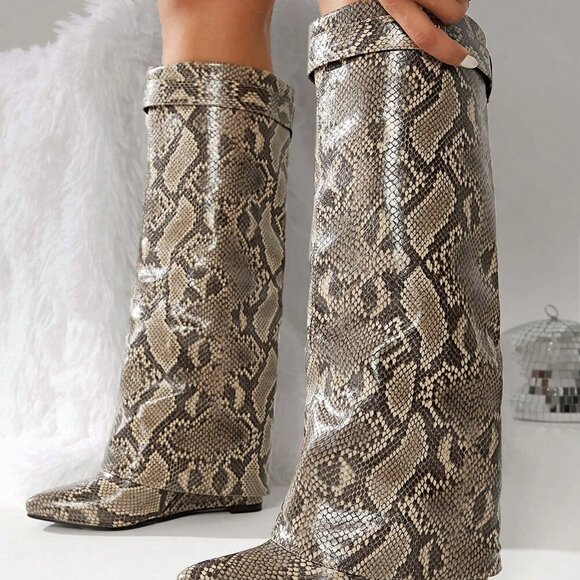 Multicolor Bohemian Women's Pointy Toe Wedge Heel PU Leather Knee High Boots - Picture 4 of 5